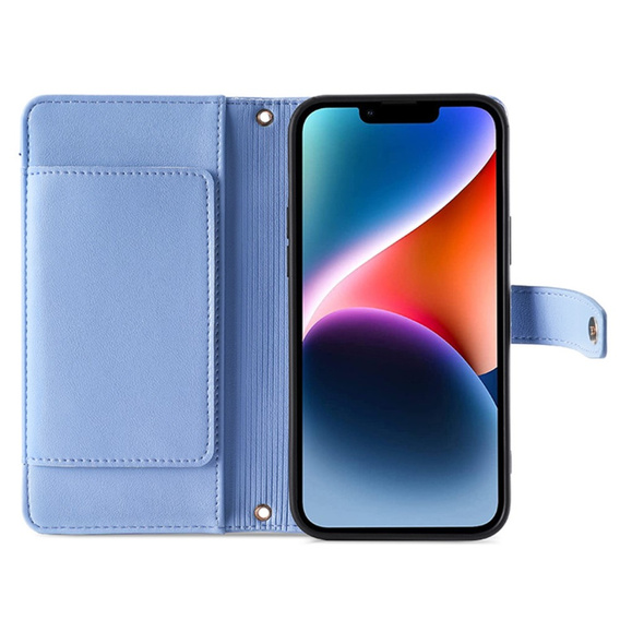 Etui z klapką do iPhone 15 Pro, Wallet Zipper Pocket, niebieskie