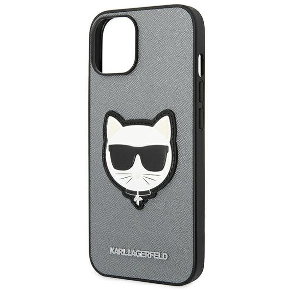 Etui Karl Lagerfeld do iPhone 14, Saffiano Choupette Head Patch, srebrne