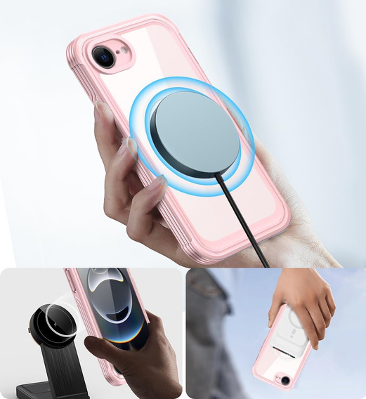 Etui do iPhone 16E, Shockproof, ze szkłem, do MagSafe, różowe