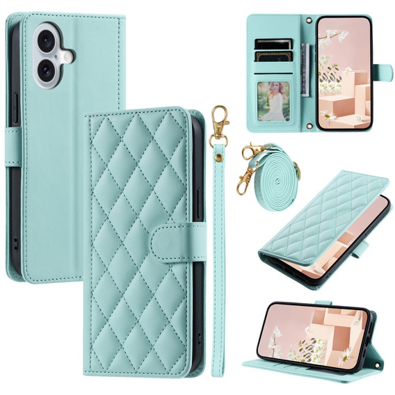 Etui z klapką do iPhone 16, Rhombus Crossbody Leather, zielone