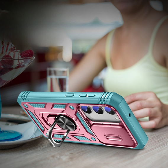 Etui pancerne do Samsung Galaxy S23 Plus, CamShield Slide, różowe / zielone
