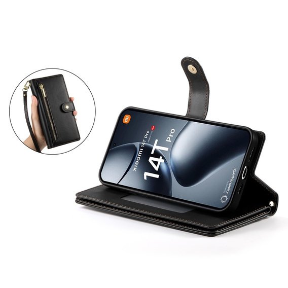 Etui z klapką do Xiaomi 14T Pro, Wallet Zipper Pocket, czarne