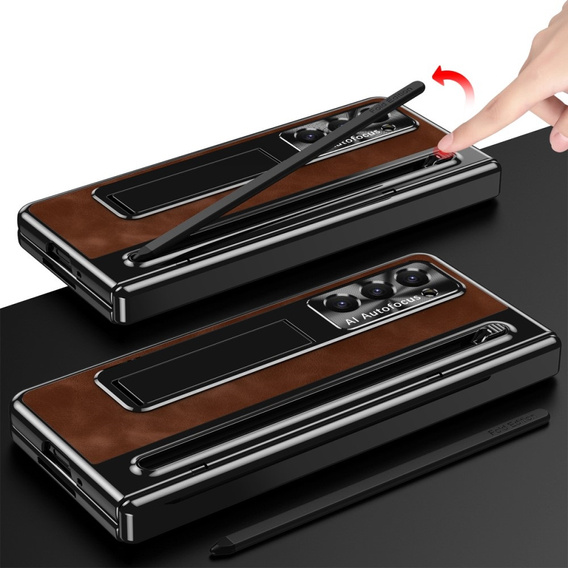 Etui z podstawką Leather+PC z szybą i rysikiem do Samsung Galaxy Z Fold6 5G, brązowe