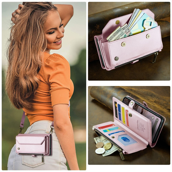 Etui CaseMe do Google Pixel 9a – portfelowe z zamkiem i paskami, różowe