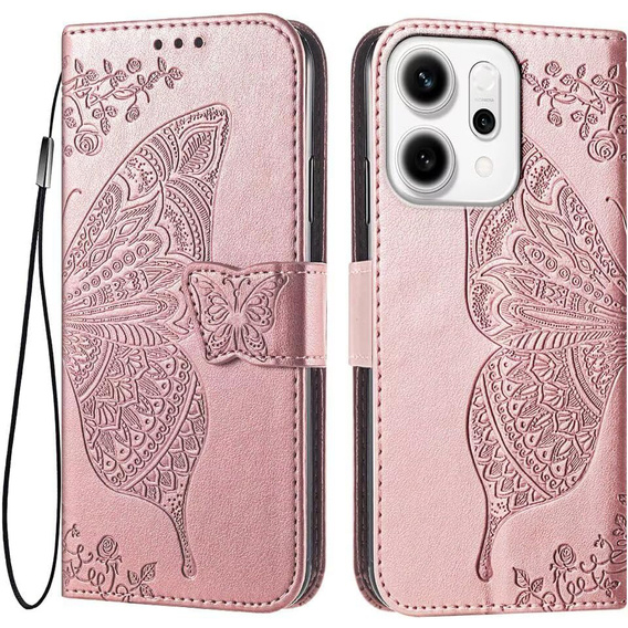 Etui z klapką do Oppo Reno 14, Motyl, portfelowe, różowe rose gold