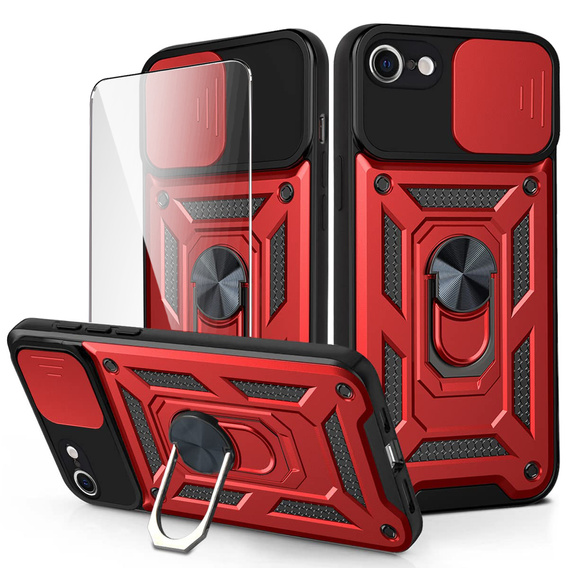Etui pancerne do iPhone 16E, CamShield Slide, czerwone + Szkło Hartowane 9H