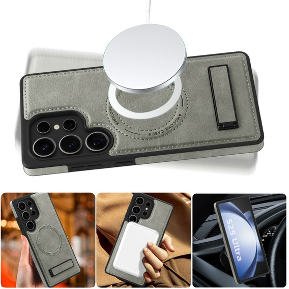 Etui skórzane z podstawką do Samsung Galaxy S25 Ultra – kompatybilne z MagSafe, szare