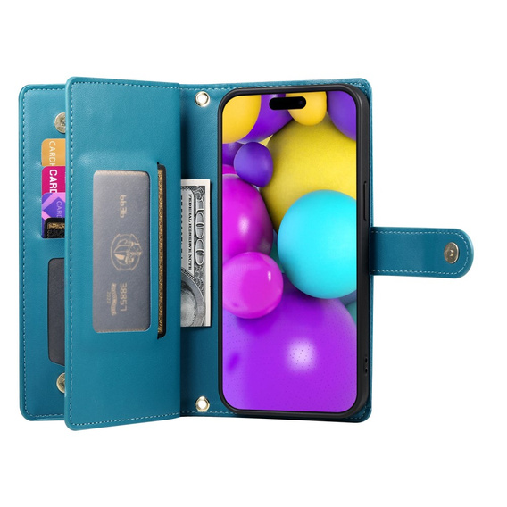 Etui z klapką do iPhone 16, Wallet Zipper Pocket, niebieskie