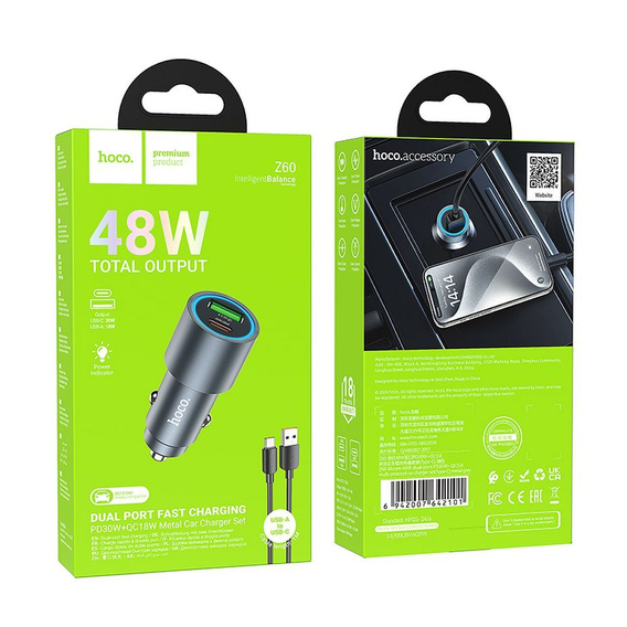 Ładowarka samochodowa Hoco Z60 USB-A + USB-C 48 W z kablem