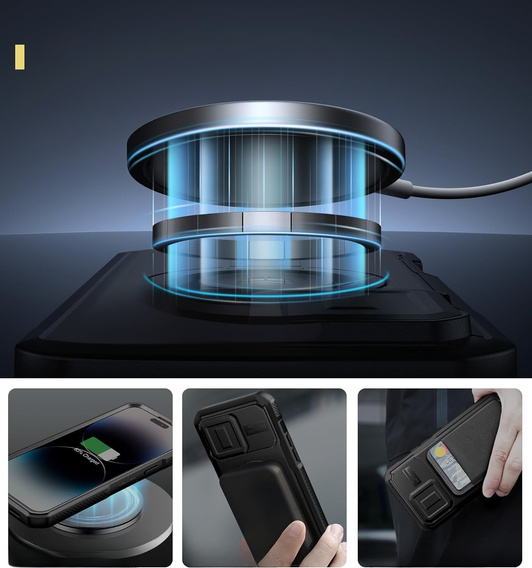 Etui pancerne do iPhone 14 Pro Max, Dexnor CamProtect MagSafe, czarne (Dwie ramki)
