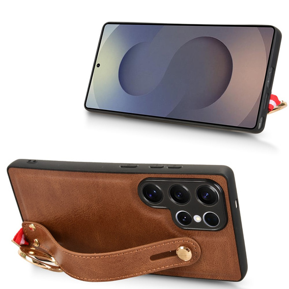 Etui do Samsung Galaxy S25 Ultra z paskiem na nadgarstek i podstawką – brązowe