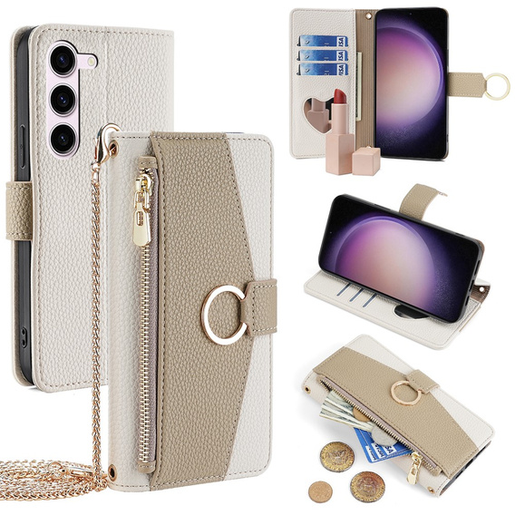 Etui z klapką do Samsung Galaxy S24, Wallet Zipper Pocket, z lusterkiem, białe