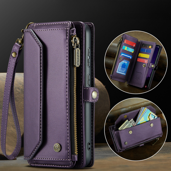 Etui CASEME do Samsung Galaxy S25 FE, RFID Leather Wallet, z paskiem na ramię, fioletowe