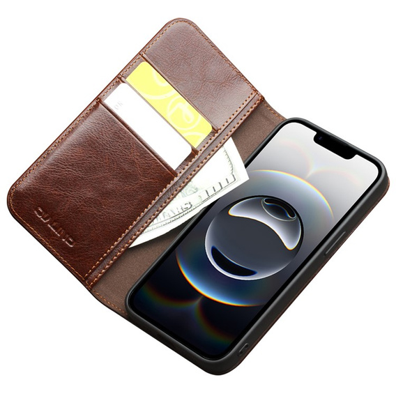 Etui z klapką do Iphone 16E, QIALINO Leather Wallet, brązowe