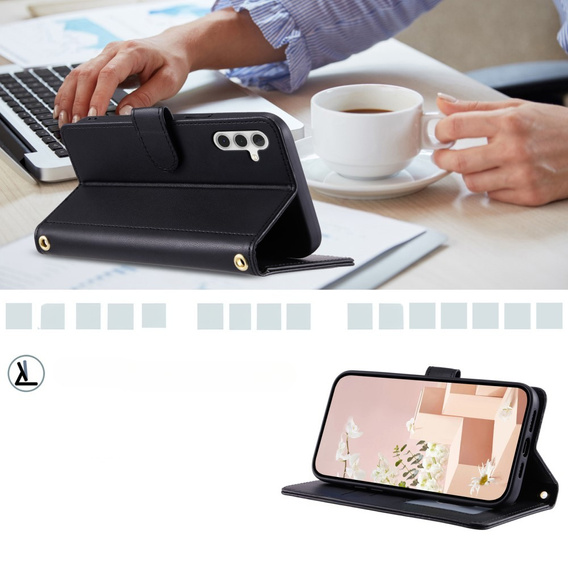 Etui z klapką do Samsung Galaxy S24 FE, Rhombus Crossbody Leather, czarne