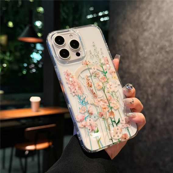 Etui magnetyczne z kwiatowym, laserowym wzorem do iPhone 16 Pro