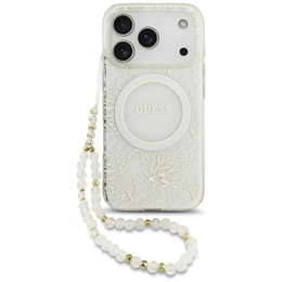 Etui Guess IML Flowers Electroplated Allover With Beads Strap, do MagSafe, z paskiem do iPhone 17 Pro
