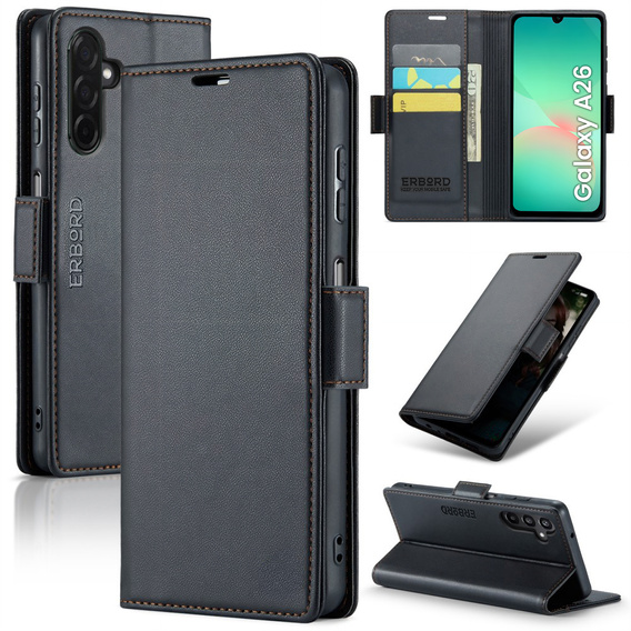 Etui do Samsung Galaxy A26 5G, ERBORD Glossy Litchi, portfel z klapką, czarne