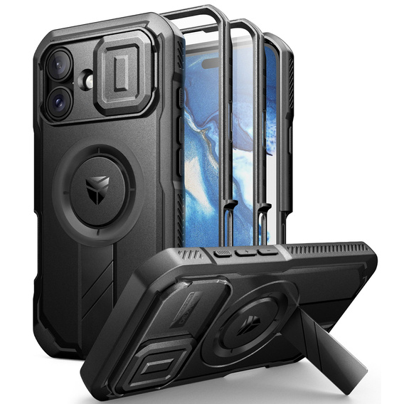 Etui pancerne do iPhone 16, Dexnor CamProtect MagSafe, czarne (Dwie ramki)