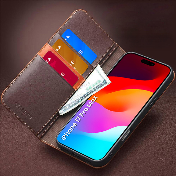 Etui z klapką do iPhone 17 Pro Max, QIALINO skórzane portfelowe - brązowe