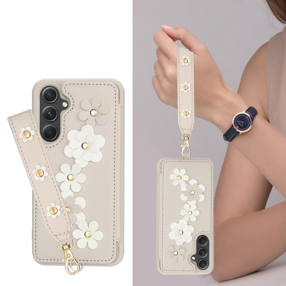 Etui do Samsung Galaxy A55 5G, Leather Flower Card Slot, beżowe