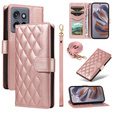 Etui z klapką do Motorola Edge 50 Neo / Motorola ThinkPhone 25, Rhombus Crossbody Leather, różowe rose gold