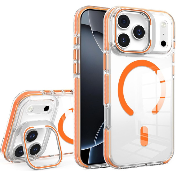 Etui do iPhone 17 Pro Max, do MagSafe, z podstawką, transparentne z pomarańczowymi wstawkami