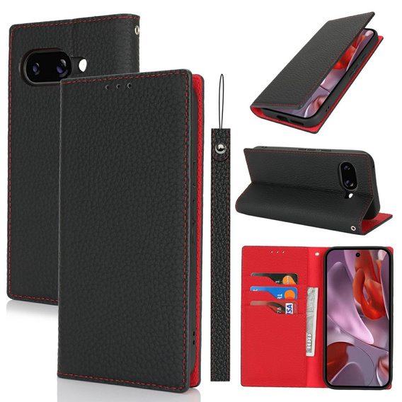 Etui z klapką do Google Pixel 9A, Litchi Skin Grain, czarne