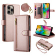 Etui z klapką do iPhone 16 Pro Max, Wallet Zipper Pocket, różowe