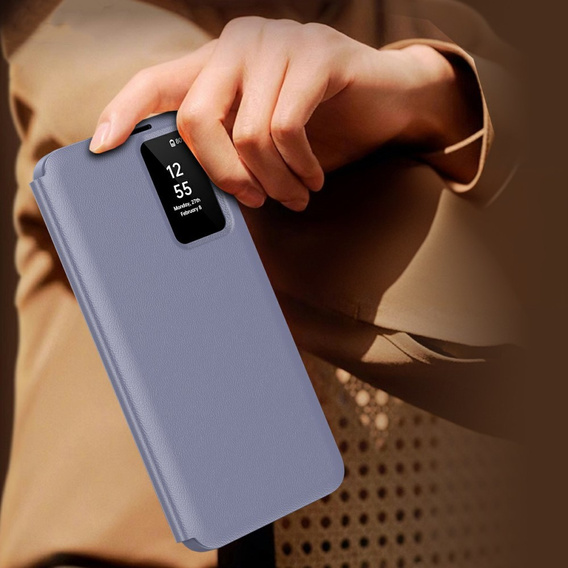 Etui do Samsung Galaxy A56 5G – skórzane z okienkiem Smart View i kieszenią na kartę, fioletowe