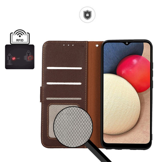 Etui z klapką do Xiaomi Redmi Note 13 Pro 4G / Xiaomi Redmi Note 14S / Xiaomi Poco M6 Pro 4G, KHAZNEH RFID, brązowe / niebieskie