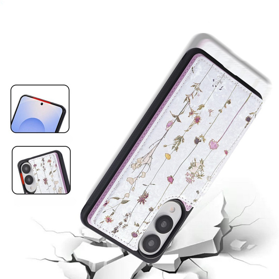 Etui do Samsung Galaxy S25 Edge – skórzane, z ochroną RFID, kieszonkami na karty, motyw suszonych kwiatów
