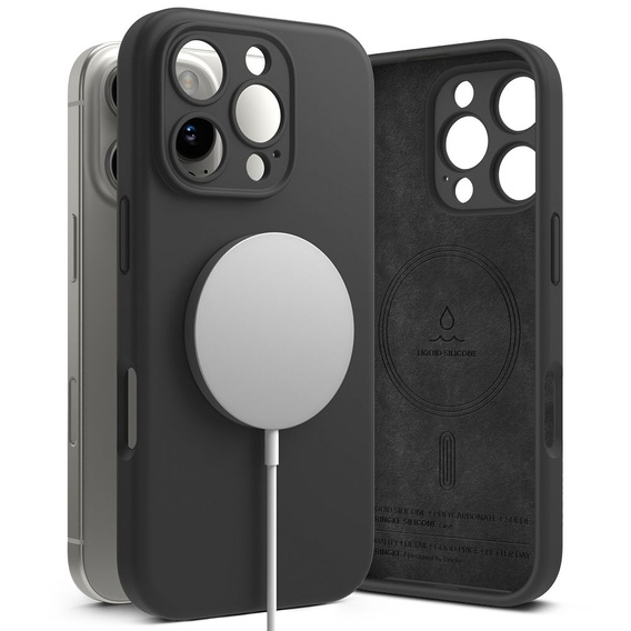 Etui Ringke do iPhone 16 Pro Max, Silicone MagSafe, czarne + Szkło Hartowane 9H