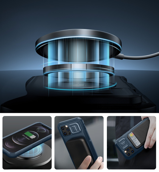 Etui pancerne do iPhone 12 / iPhone 12 Pro, Dexnor CamProtect MagSafe, granatowe (Dwie ramki)