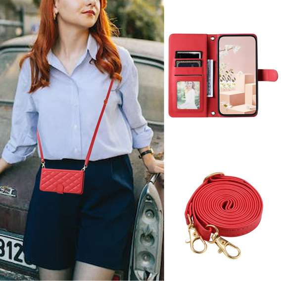 Etui z klapką do iPhone 16 Pro Max, Rhombus Crossbody Leather, czerwone
