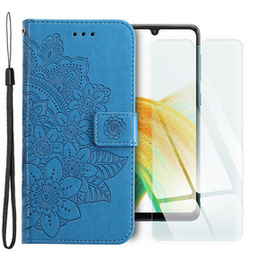 Zestaw Etui z klapką do Samsung Galaxy A33 5G, Mandala i kwiaty, niebieskie + szkło