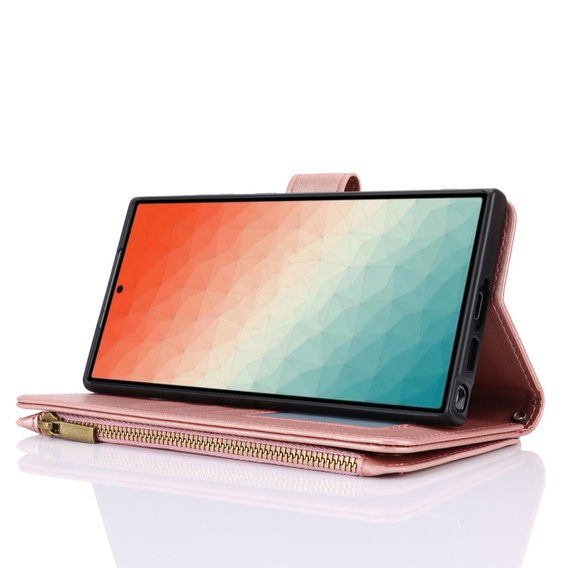 Etui z klapką do Samsung Galaxy S24 Ultra, Wallet Zipper Pocket RFID, z paskiem na ramię, różowe rose gold