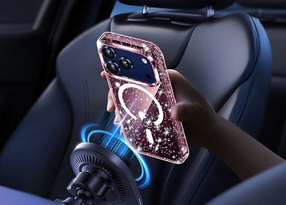 Etui do iPhone 17 Pro, do MagSafe, brokat, przezroczyste różowe