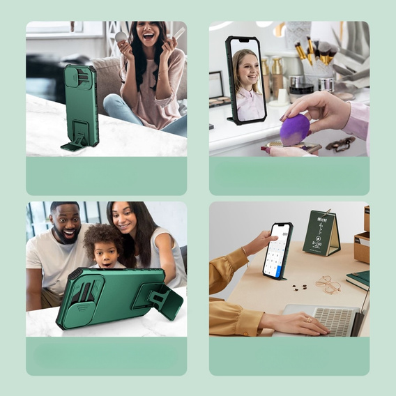 Etui pancerne do Samsung Galaxy A14 4G/5G, Camshield z podstawką, Zielone