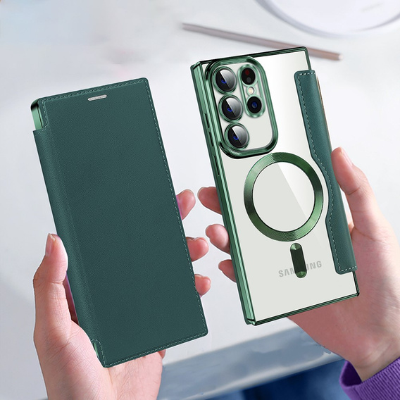 Etui z klapką do Samsung Galaxy S23 Ultra, RFID Wallet MagSafe z ochroną aparatu, zielone