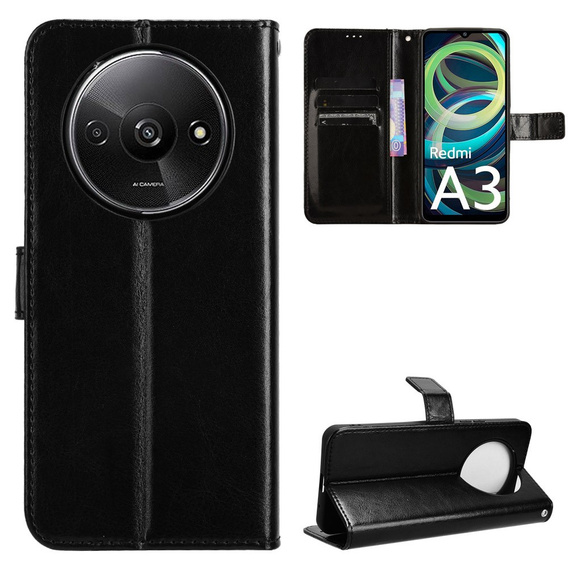 Etui z klapką do Xiaomi Redmi A3, Crazy Horse Wallet, czarne