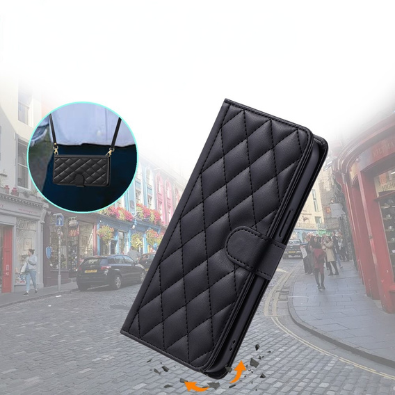 Etui z klapką do iPhone 16, Rhombus Crossbody Leather, czarne