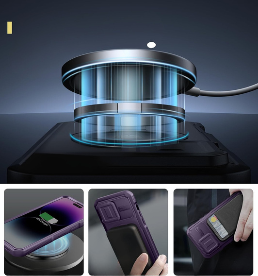 Etui pancerne do iPhone 14 Pro Max, Dexnor CamProtect MagSafe, fioletowe (Dwie ramki)
