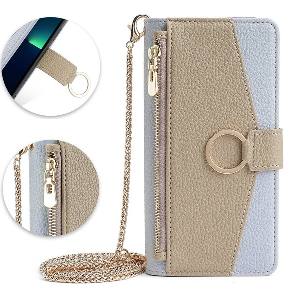 Etui z klapką do iPhone 15, Wallet Zipper Pocket, z lusterkiem, niebieskie