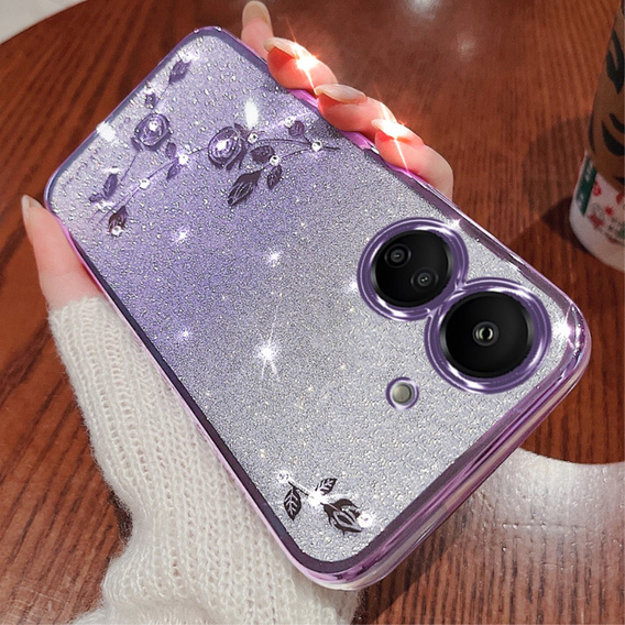 Etui do Xiaomi Redmi 13C / Poco C65, Glitter Flower, fioletowe