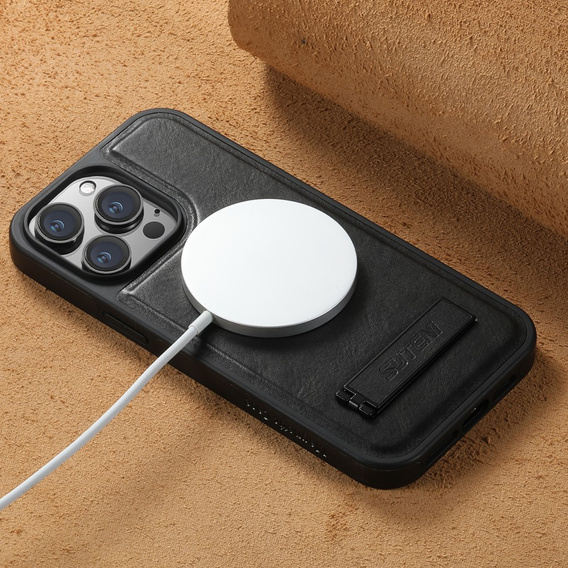 Etui Suteni MagSafe do iPhone 13 Pro – czarne, skórzane, magnetyczne, z funkcją podstawki