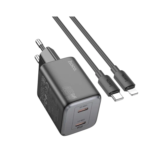 HOCO N42 GaN 45W – ładowarka sieciowa 2x USB-C + kabel USB-C do Lightning, czarna