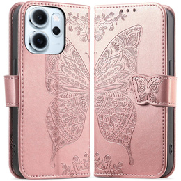 Etui z klapką do Oppo Reno 14F, portfelowe, Motyl, różowe rose gold