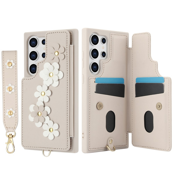 Etui do Samsung Galaxy S24 Ultra, Leather Flower Card Slot, beżowe