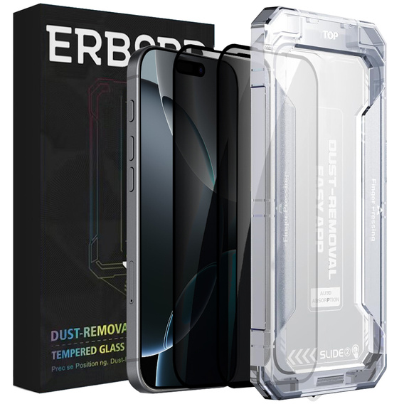 2x Szkło Hartowane prywatyzujące do iPhone 16 Pro Max, ERBORD 9H Easy App Anti-Peep